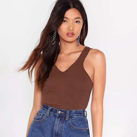 Boohoo Tops - BOOHOO V-Neck Racer Vest Tank Top in Chocolate Brown